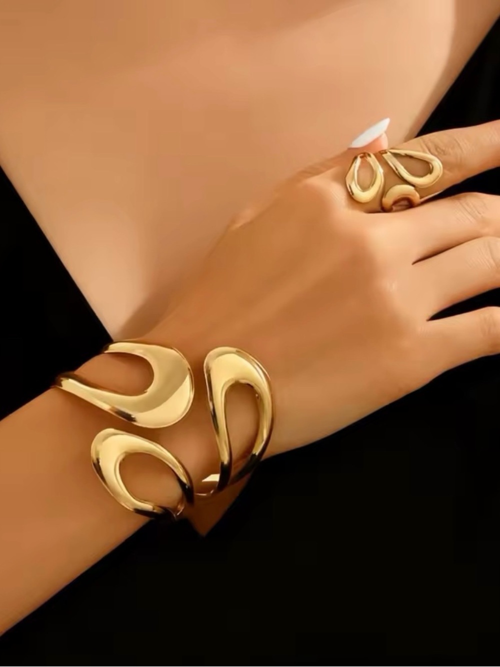 Gold Sculptural Open Wave Cuff Bracelet and Ring Set